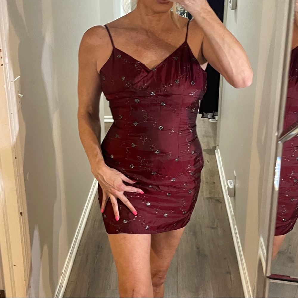 Evolution Burgundy Red spaghetti strap mini dress with silver sparkles all over